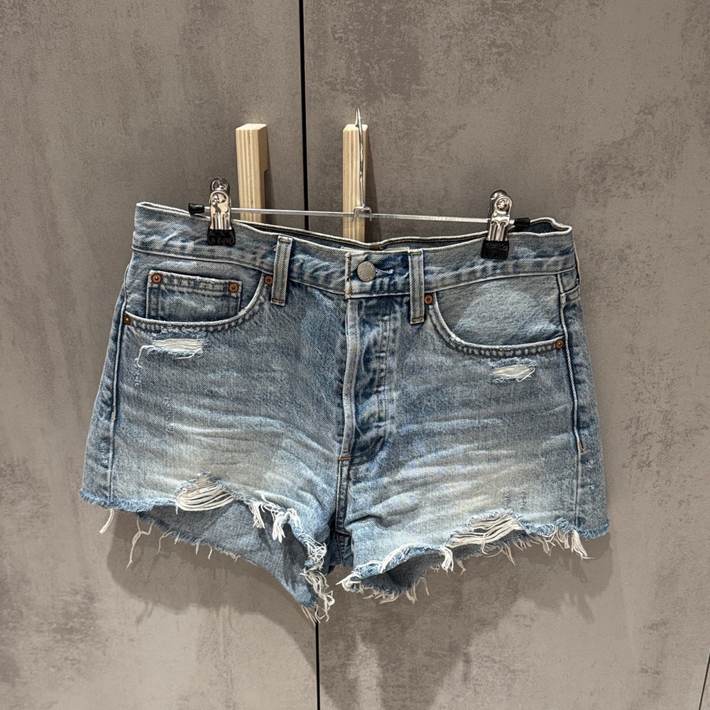 Denim Forum Light Blue Distressed Jean Shorts
